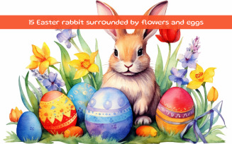 Easter rabbit surrounded by flowers and colorful eggs