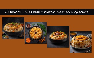 Flavorful pilaf with turmeric, meat and dry fruits