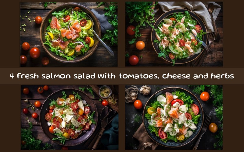 Fresh salmon salad with tomatoes, cheese and herbs Background