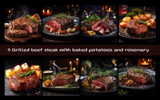 Grilled beef steak with baked potatoes and rosemary