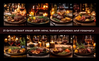 Grilled beef steak with wine, baked potatoes and rosemary