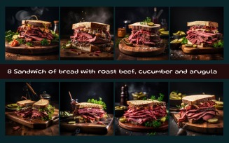 Sandwich of bread with roast beef, cucumber and arugula