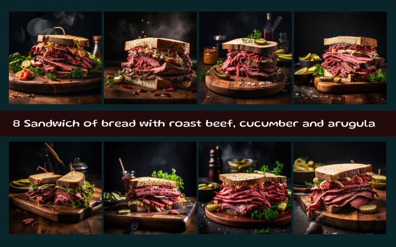 Sandwich of bread with roast beef, cucumber and arugula Background