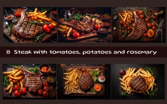 Steak with tomatoes, potatoes and rosemary