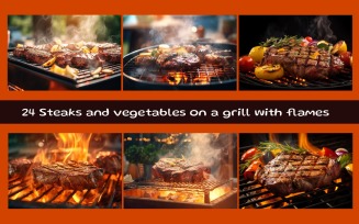 Steaks and vegetables on a grill with flames
