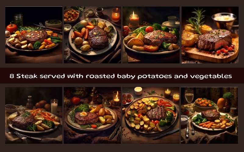 Grilled beef steak served with roasted baby potatoes and vegetables Background