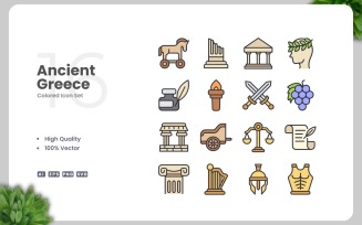 16 Ancient Greece Colored Icons Set