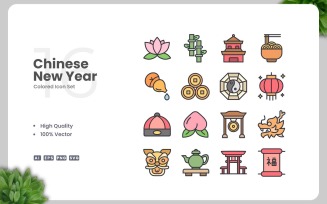 16 Chinese New Year Colored Icons Set