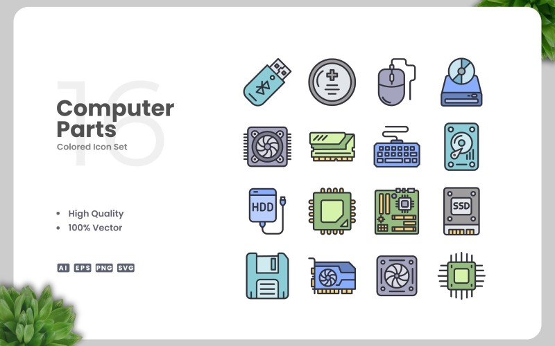 16 Computer Parts Colored Icons Set Icon Set