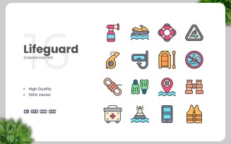 16 Lifeguard Colored Icons Set