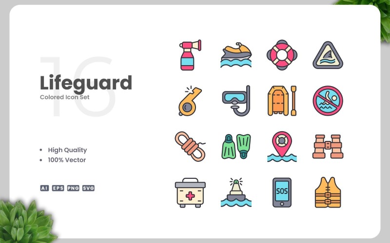 16 Lifeguard Colored Icons Set Icon Set