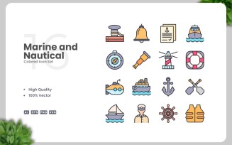 16 Marine And Nautical Colored Icons Set