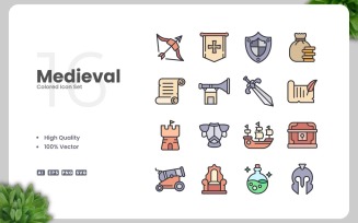 16 Medieval Colored Icons Set