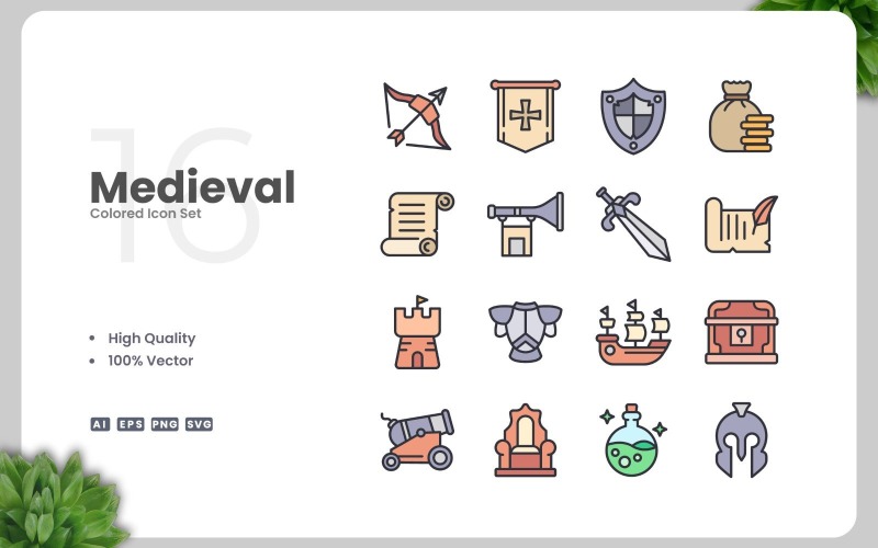 16 Medieval Colored Icons Set Icon Set