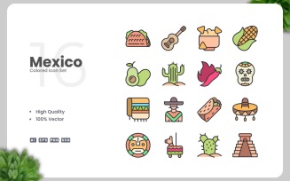 16 Mexico Colored Icons Set
