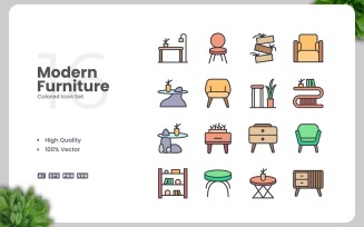 16 Modern Furniture Colored Icons Set