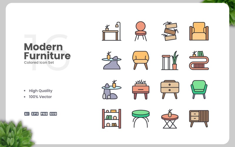 16 Modern Furniture Colored Icons Set Icon Set