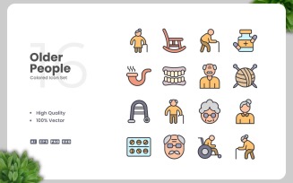 16 Older People Colored Icons Set