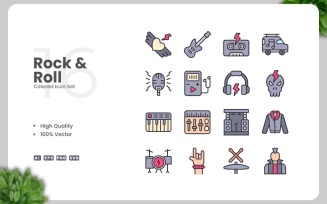 16 Rock and Roll Colored Icons Set