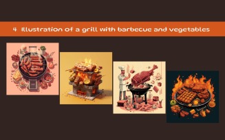 Illustration of a grill with barbecue and vegetables