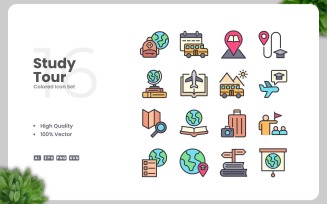 16 Study Tour Colored Icons Set