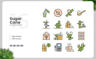 16 Sugar Cane Colored Icons Set