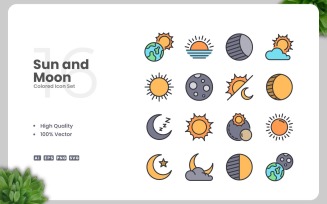 16 Sun and Moon Colored Icons Set
