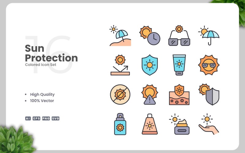 16 Sun Protection Colored Icons Set Icon Set