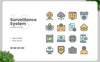 16 Surveillance System Colored Icons Set