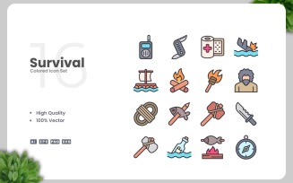 16 Survival Colored Icons Set