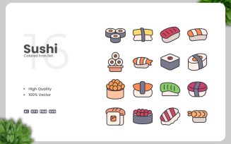 16 Sushi Colored Icons Set