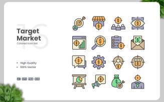 16 Target Market Colored Icons Set