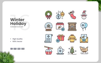 16 Winter Holiday Colored Icons Set