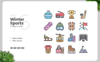 16 Winter Sports Colored Icons Set