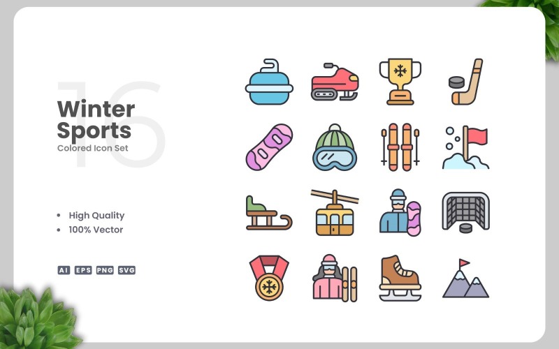 16 Winter Sports Colored Icons Set Icon Set
