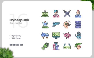 16 Cyberpunk Colored Icons Set