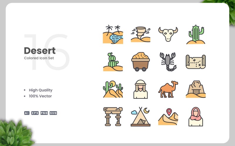 16 Desert Colored Icons Set Icon Set