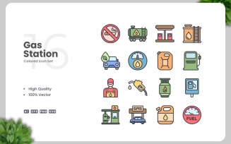 16 Gas Station Colored Icons Set
