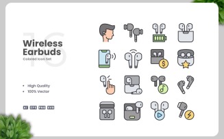 16 Wireless Earbuds Colored Icons Set