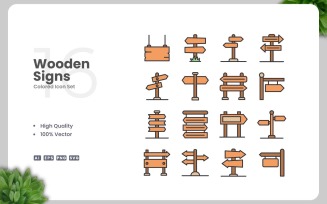 16 Wooden Signs Colored Icons Set