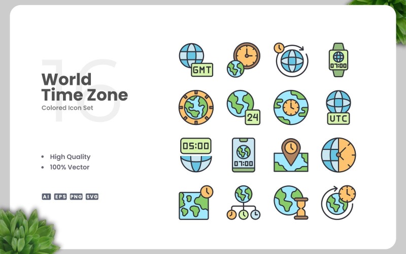 16 World Time Zone Colored Icons Set Icon Set