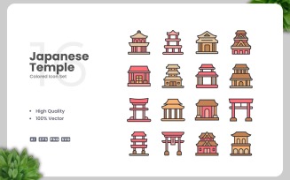 16 Japanese Temple Colored Icons Set