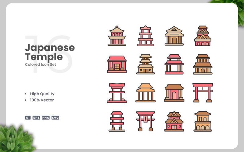 16 Japanese Temple Colored Icons Set Icon Set