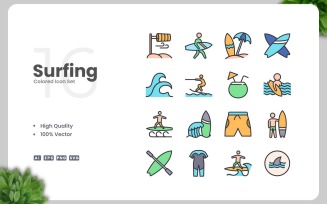 16 Surfing Colored Icons Set