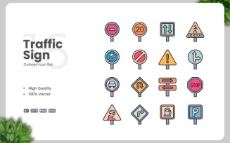 16 Traffic Sign Colored Icons Set
