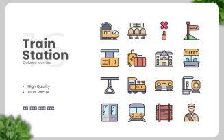 16 Train Station Colored Icons Set