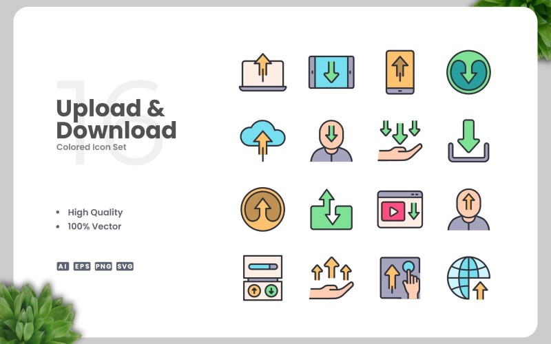 16 Upload and Download Colored Icons Set Icon Set
