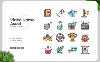 16 Video Game Asset Colored Icons Set