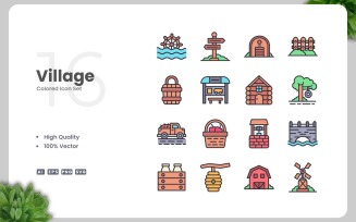 16 Village Colored Icons Set