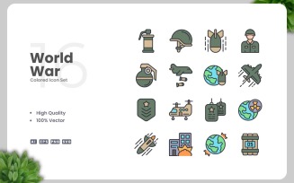 16 World War Colored Icons Set